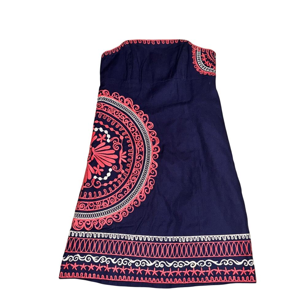 Lilly Pulitzer Bowen Strapless Dress Women 2 Navy Basket Weave Coral Embroidered